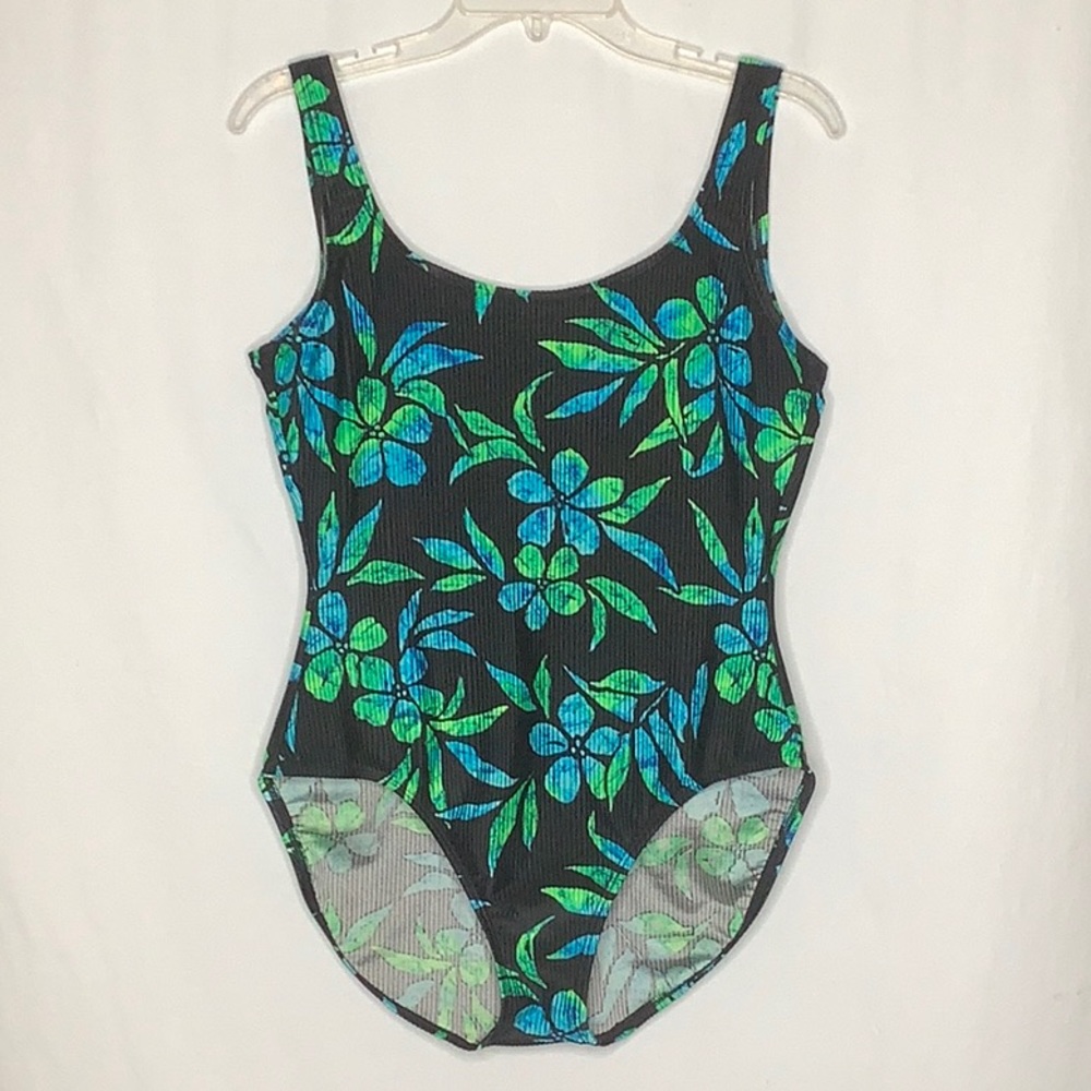Catalina Black Dark Moody Floral Tropical Ribbed Swimsuit Size 1X - Picture 9 of 9